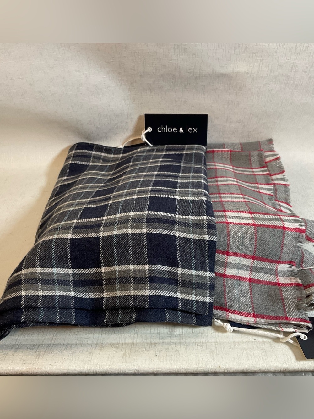 2pc Chloe Plaid Scarves in Navy, Gray and Red Accents
